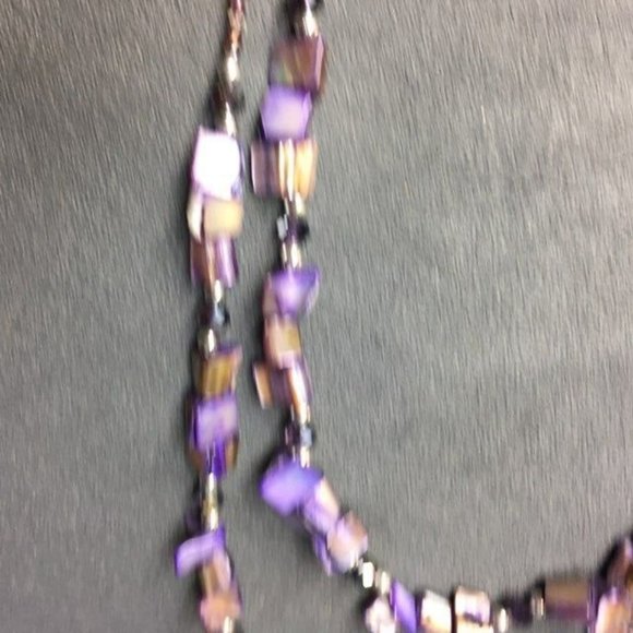 Long Double Strand Necklace Purple Mother Of Pearl Shell Silver Round Beach Retr - Picture 3 of 8